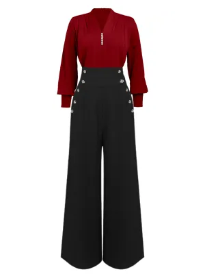 1930s Solid Blouse & Suspender Pants