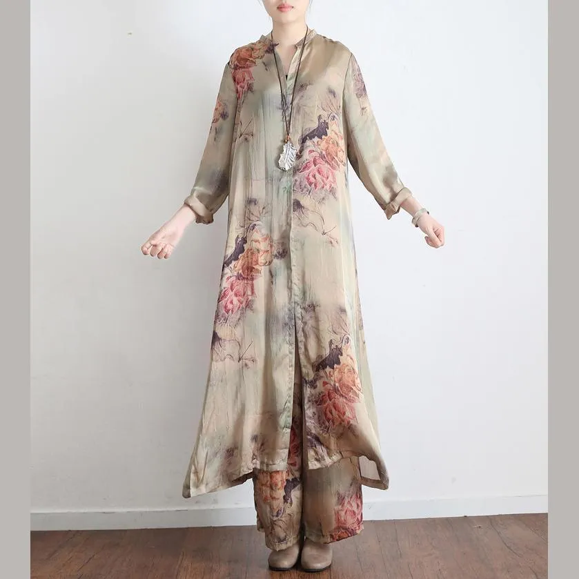 2023 New Vintage Prints Silk Cardigan Tops And Pants Two Pieces