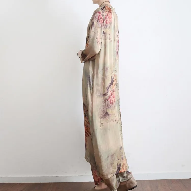 2023 New Vintage Prints Silk Cardigan Tops And Pants Two Pieces