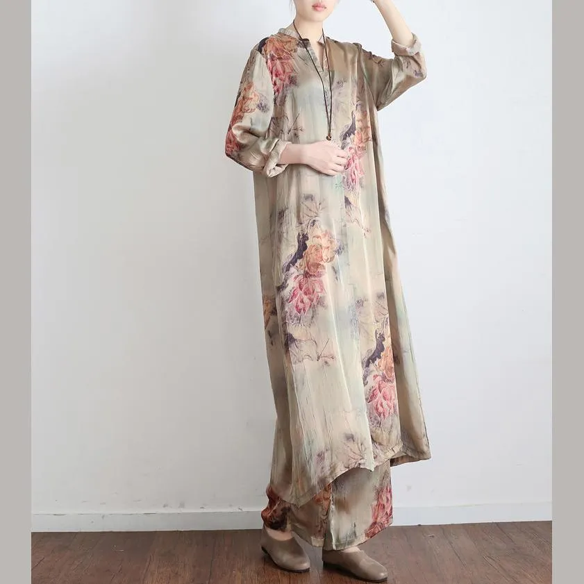 2023 New Vintage Prints Silk Cardigan Tops And Pants Two Pieces
