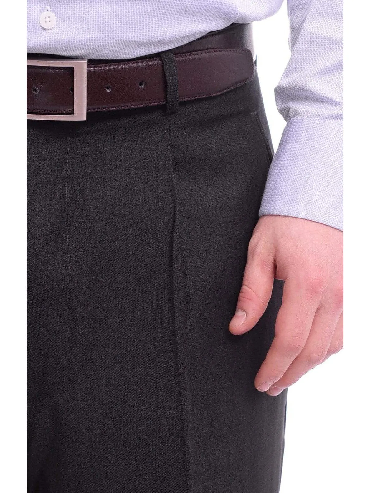 Apollo King Classic Fit Solid Charcoal Single Pleated Wide Leg Wool Dress Pants