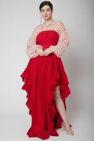 Asymmetric Red Dress With Hot Pants And Blouse