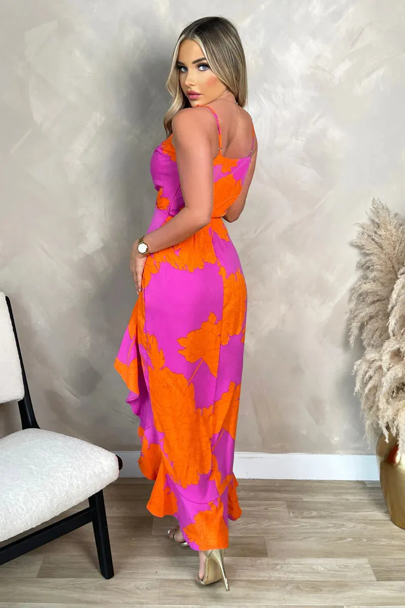 AX PARIS PINK AND ORANGE FLORAL PRINTED WRAP OVER STRAPPY MIDI DRESS