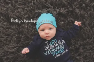Baby boy coming home outfit bodysuit and beanie -- I am fearfully & wonderfully made psalm 139:14.  Perfect coming home outfit
