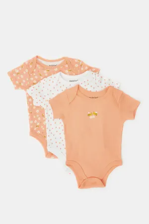 Baby Orange And White Printed Bodysuit Set (Pack Of 3)