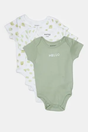 Baby White And Green Printed Bodysuit Set (Pack Of 3)