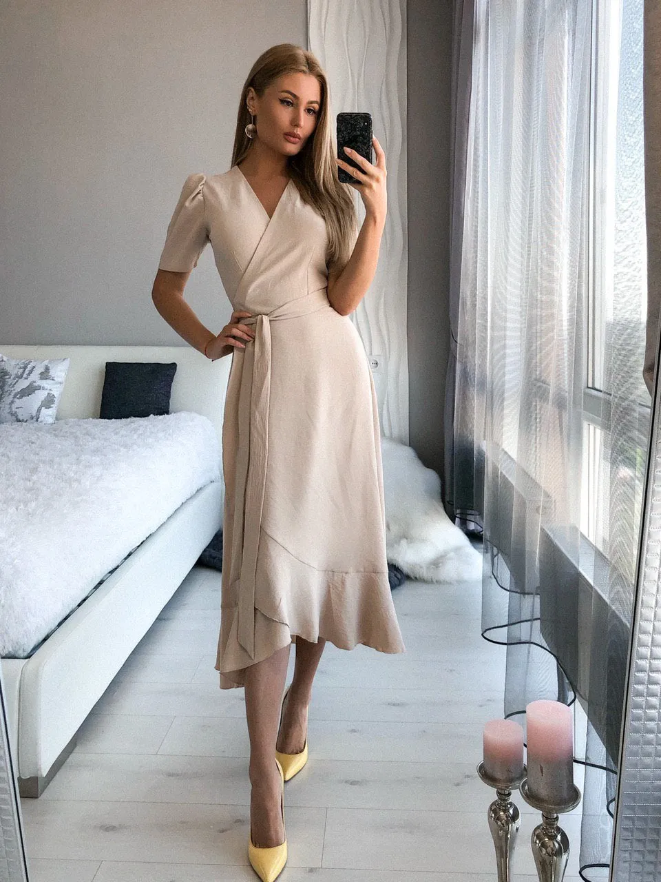Beige Wrap Short Sleeve Midi Dress