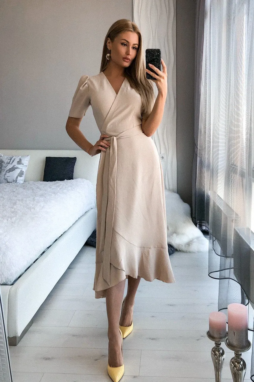 Beige Wrap Short Sleeve Midi Dress