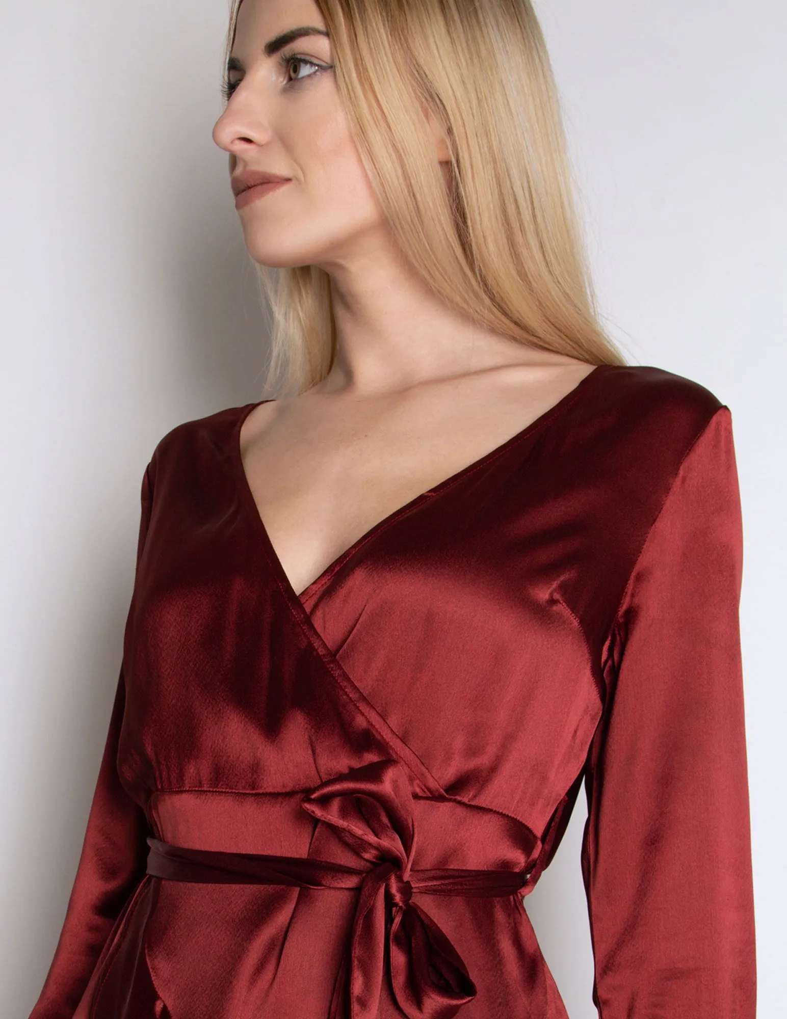 Bell Sleeve Ruffle Satin Dress - Wine