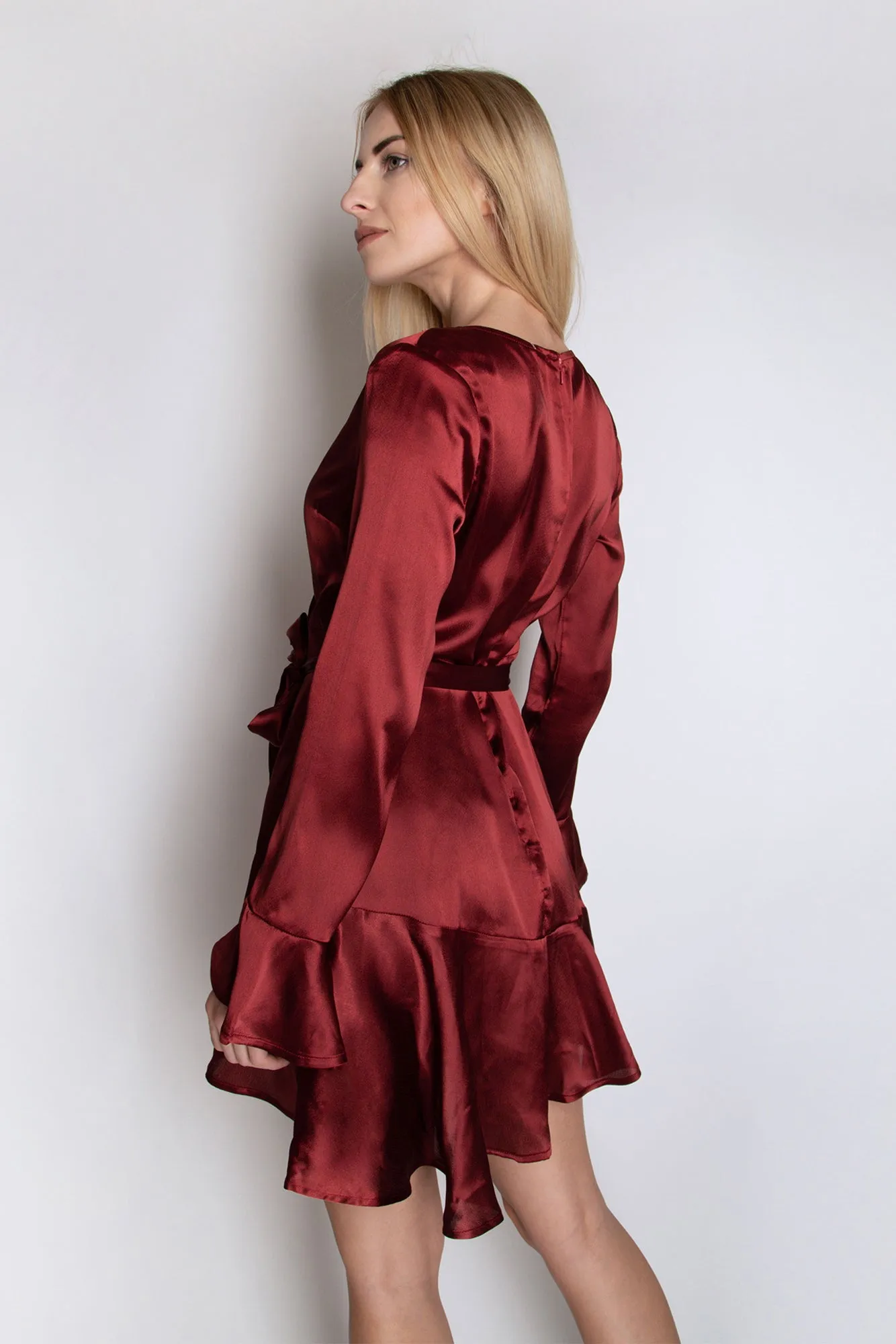 Bell Sleeve Ruffle Satin Dress - Wine
