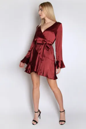 Bell Sleeve Ruffle Satin Dress - Wine