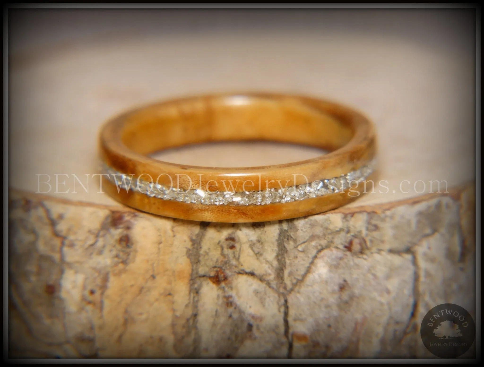 Bentwood Ring - Bethlehem Olive Wood Ring with Silver Glass Inlay
