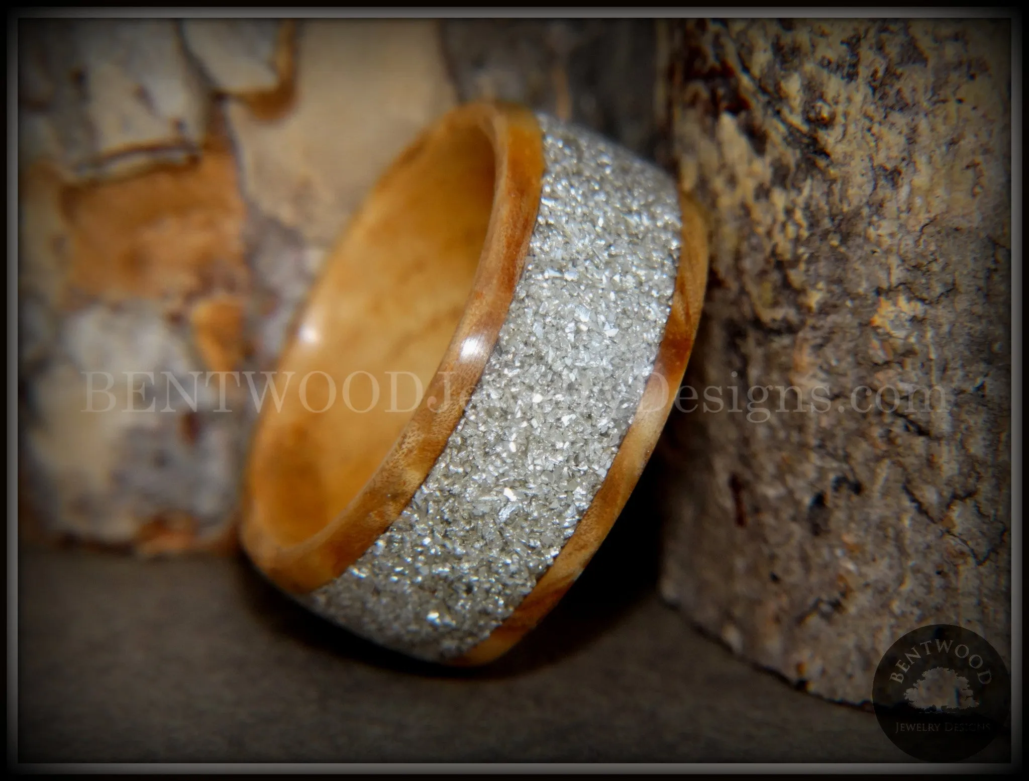 Bentwood Ring - Bethlehem Olive Wood Ring with Wide Silver Glass Inlay