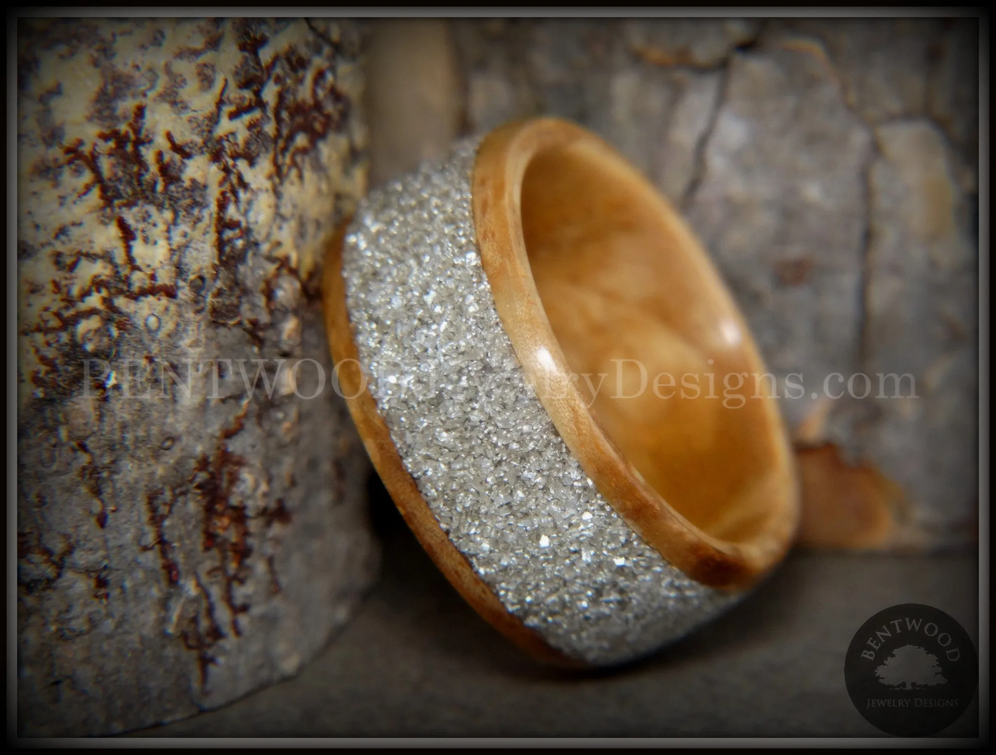 Bentwood Ring - Bethlehem Olive Wood Ring with Wide Silver Glass Inlay
