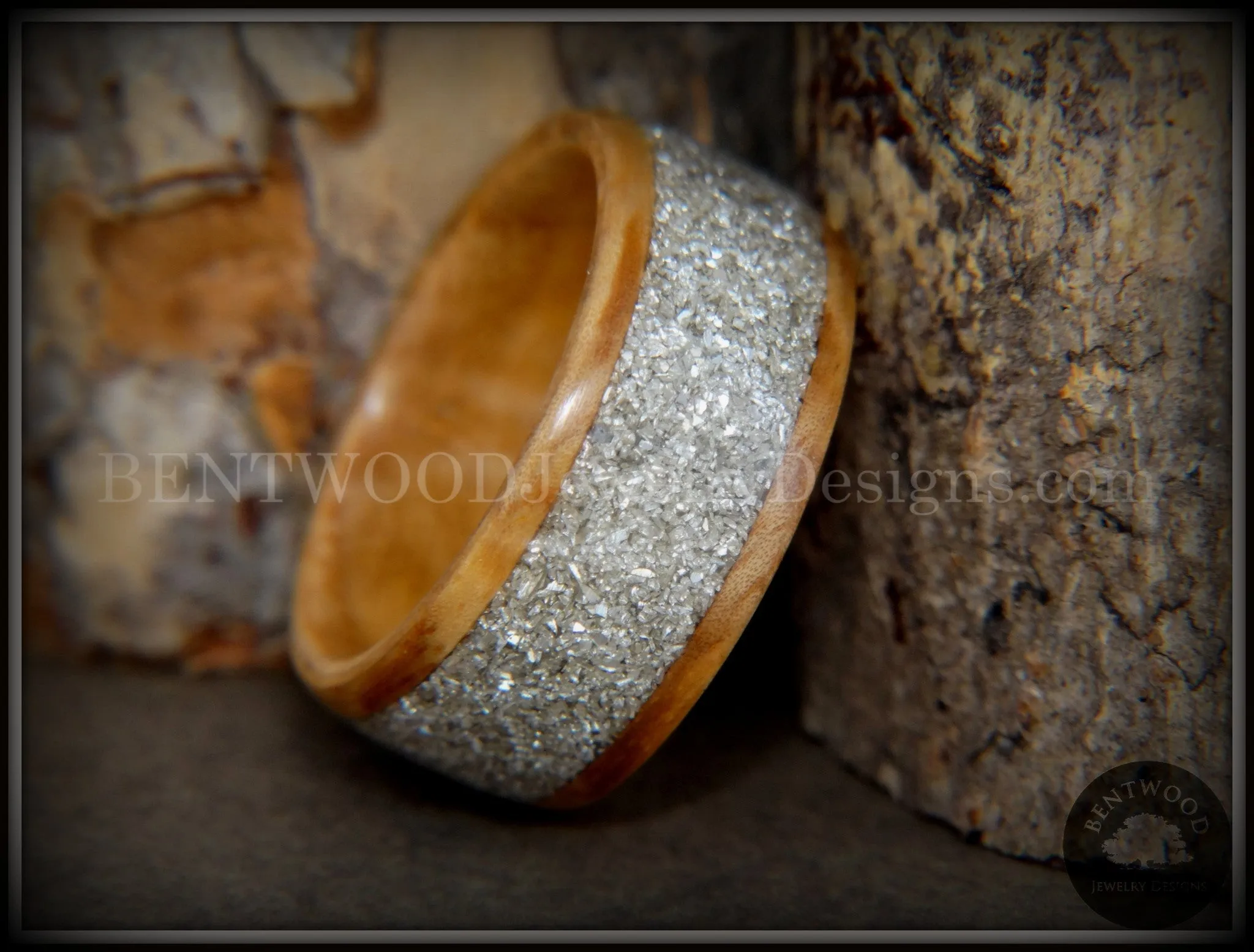 Bentwood Ring - Bethlehem Olive Wood Ring with Wide Silver Glass Inlay