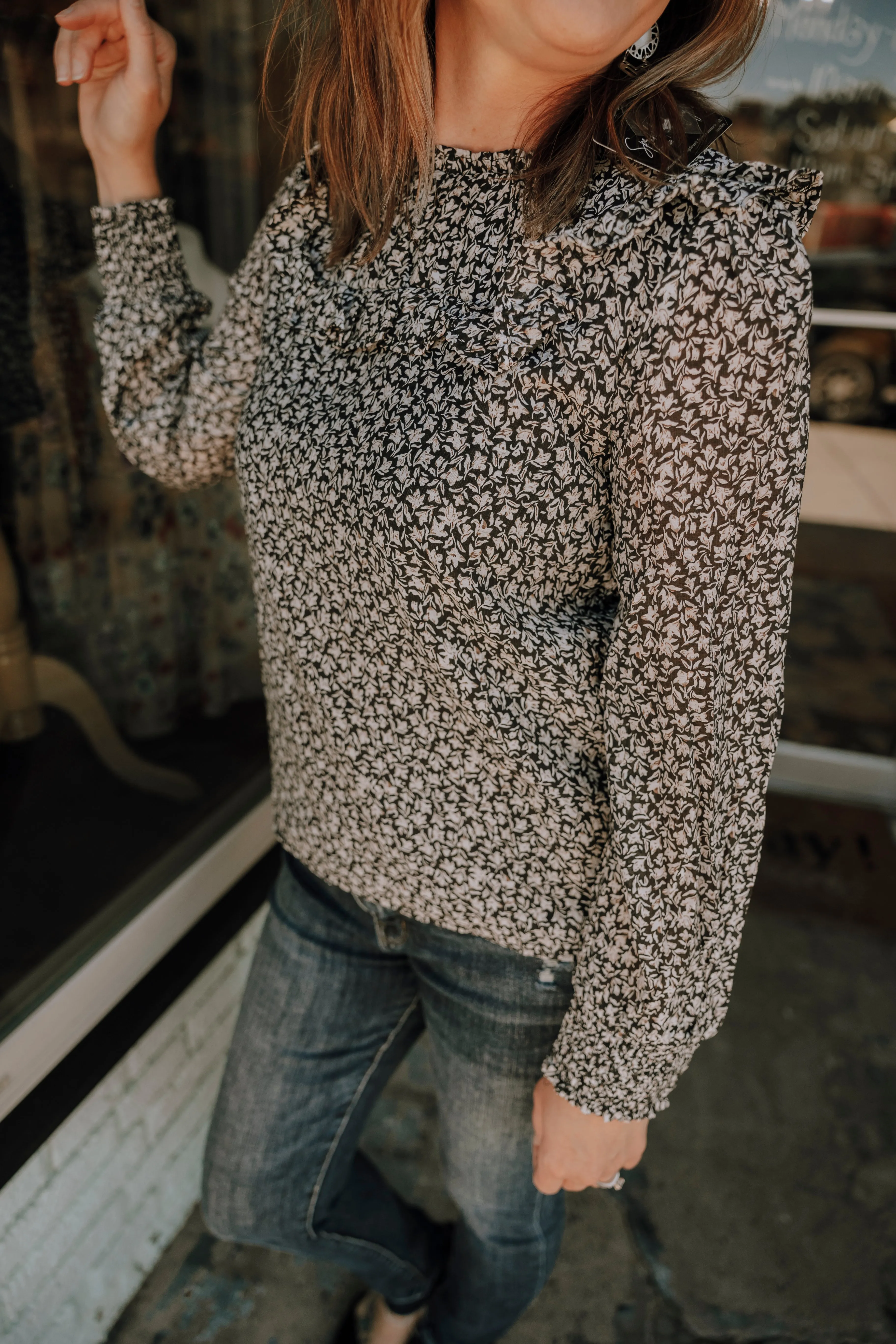 Black Floral Blouse with White Floral Print