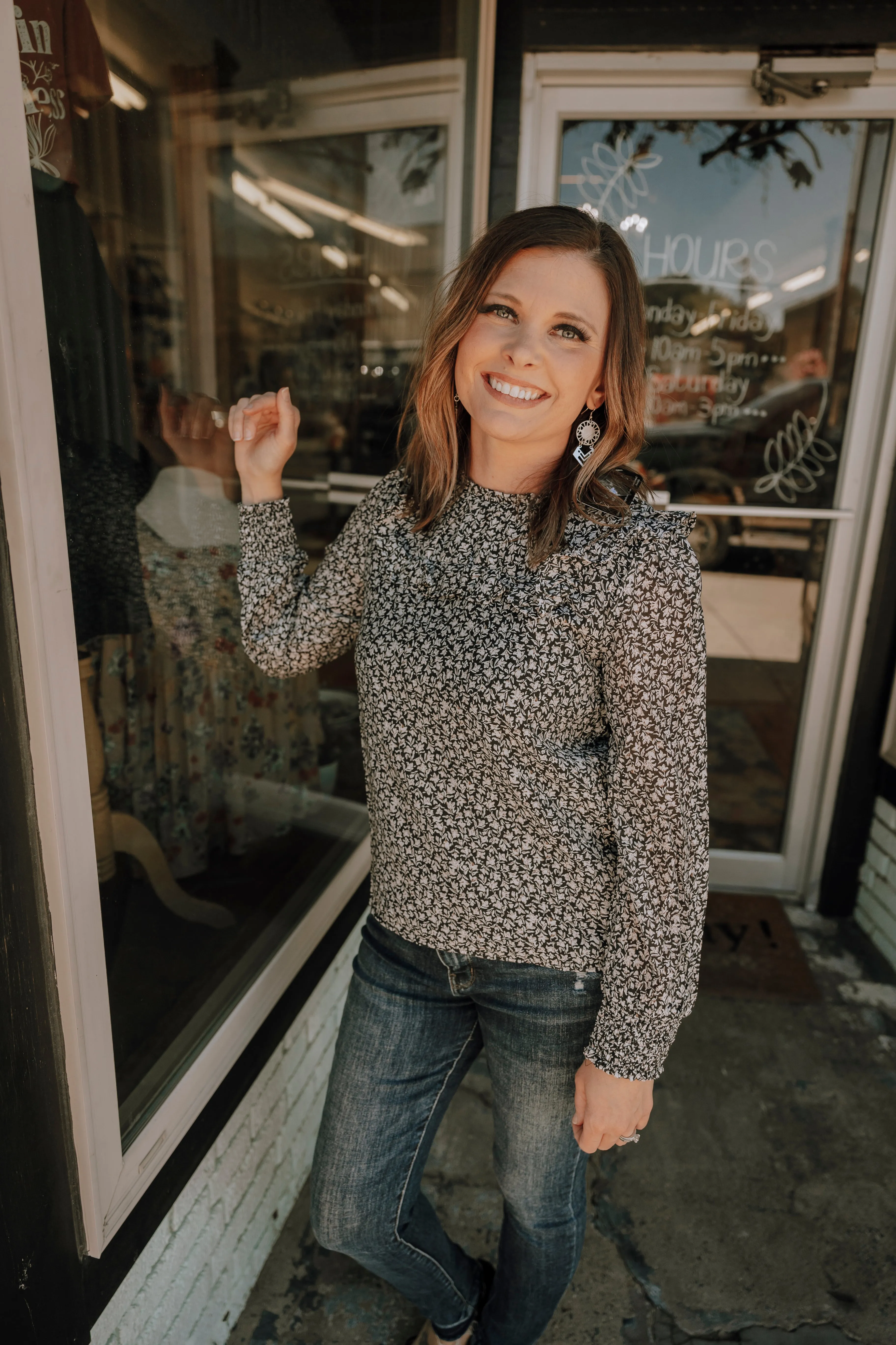 Black Floral Blouse with White Floral Print