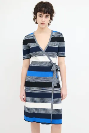 Blue & Multi Knit Stripe Midi Wrap Dress
