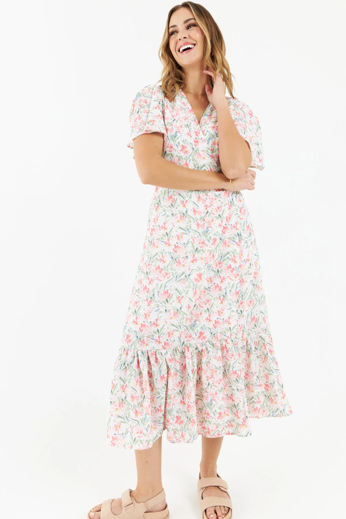 Carlisle Floral Wrap Dress (White)