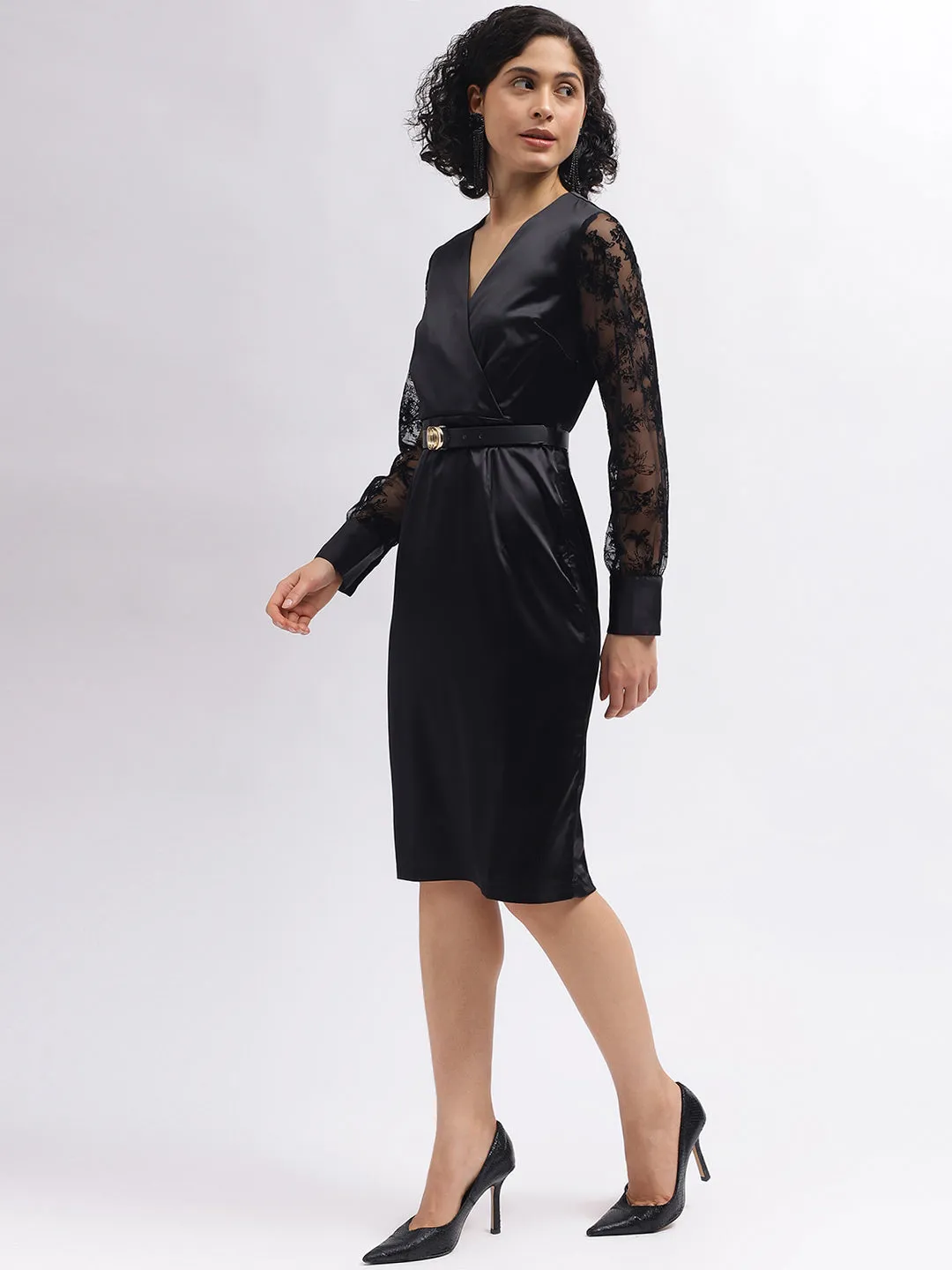 Centre Stage Women Black Solid Wrap Neck Full Sleeves Dress