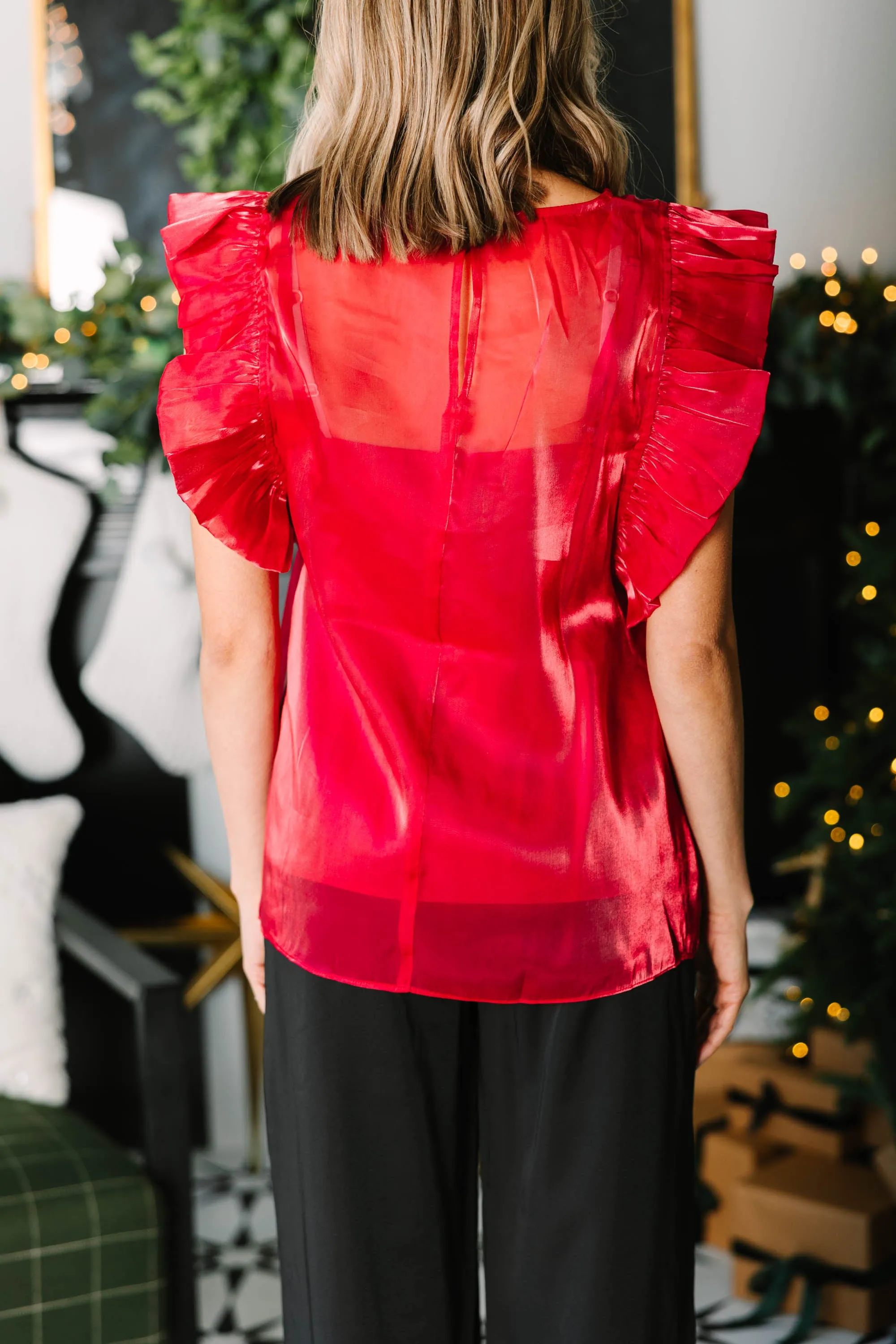 Chic Dreams Red Satin Ruffled Blouse