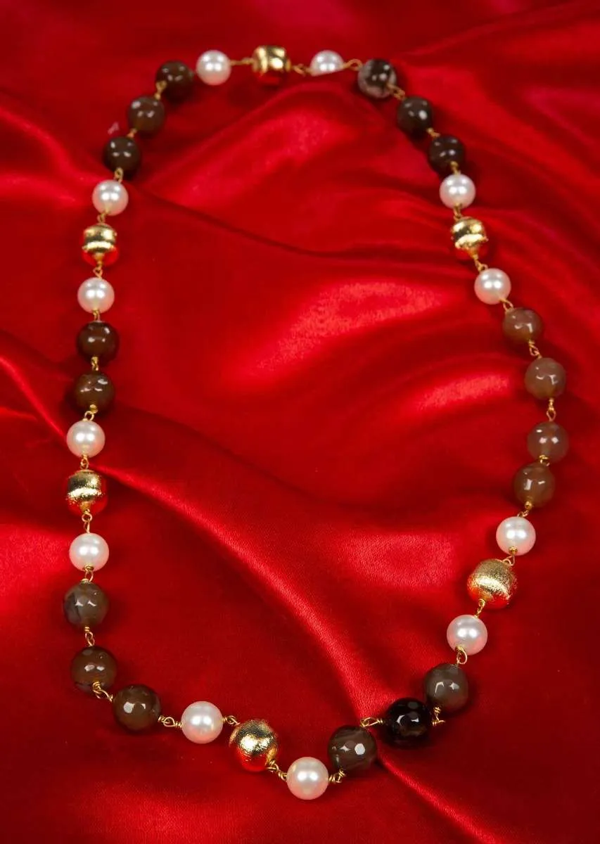 Classic Pearl Necklace With Olive Green Bead And Gold Bead Online - Kalki Fashion