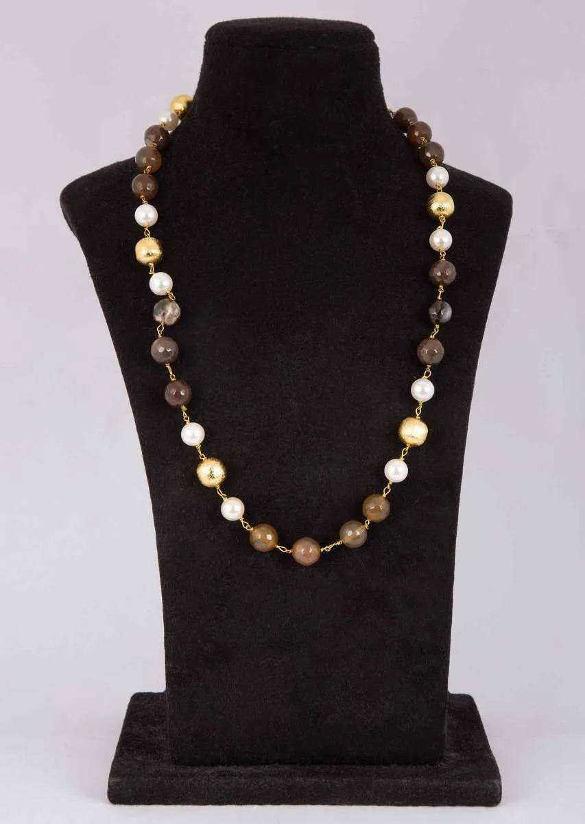 Classic Pearl Necklace With Olive Green Bead And Gold Bead Online - Kalki Fashion