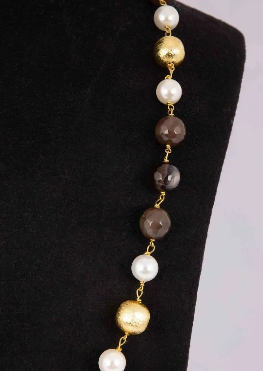 Classic Pearl Necklace With Olive Green Bead And Gold Bead Online - Kalki Fashion