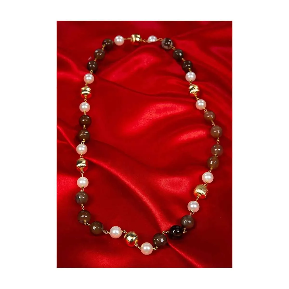 Classic Pearl Necklace With Olive Green Bead And Gold Bead Online - Kalki Fashion