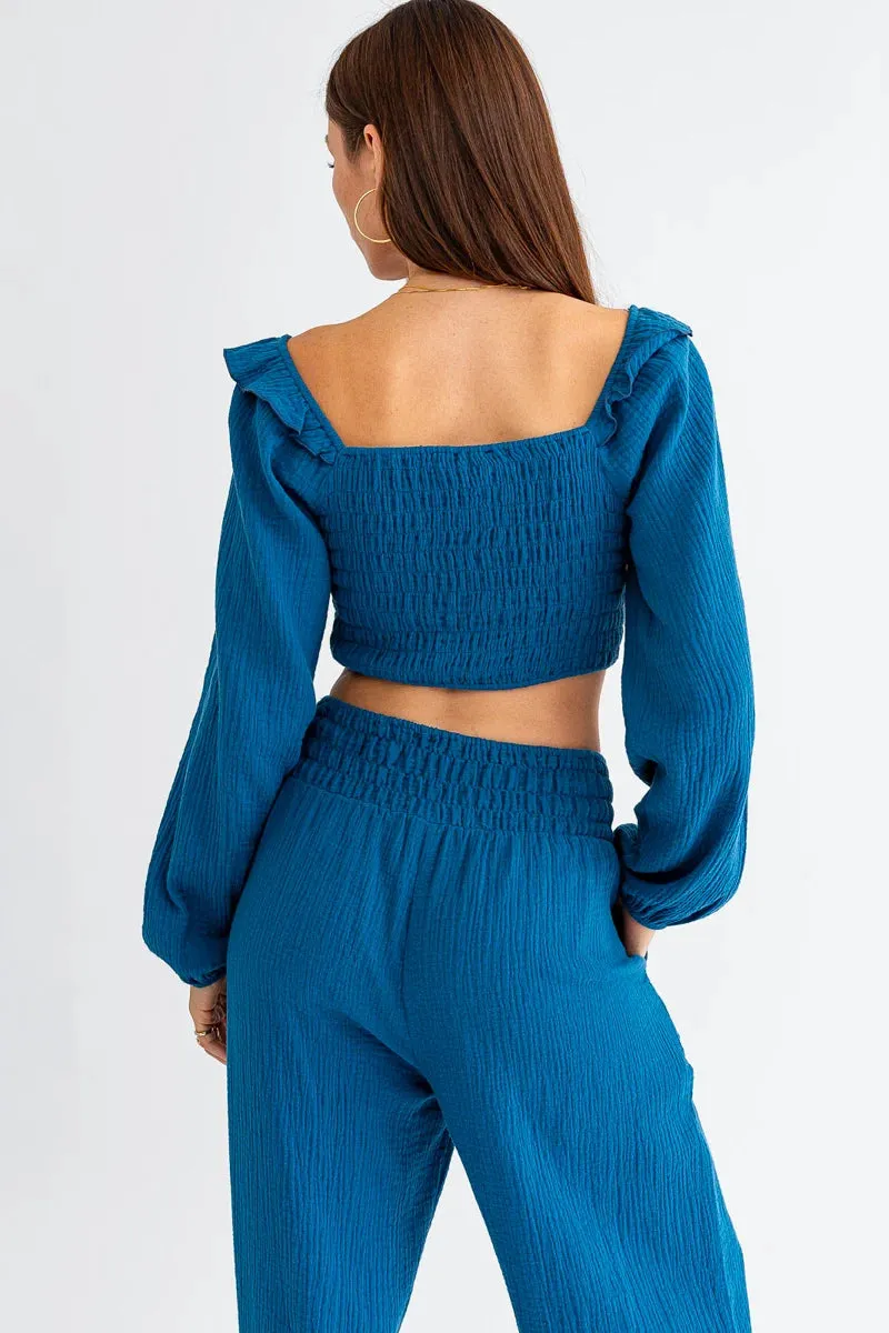 Cotton Smocked Long Sleeve Crop Top & Mid Waist Pants Set
