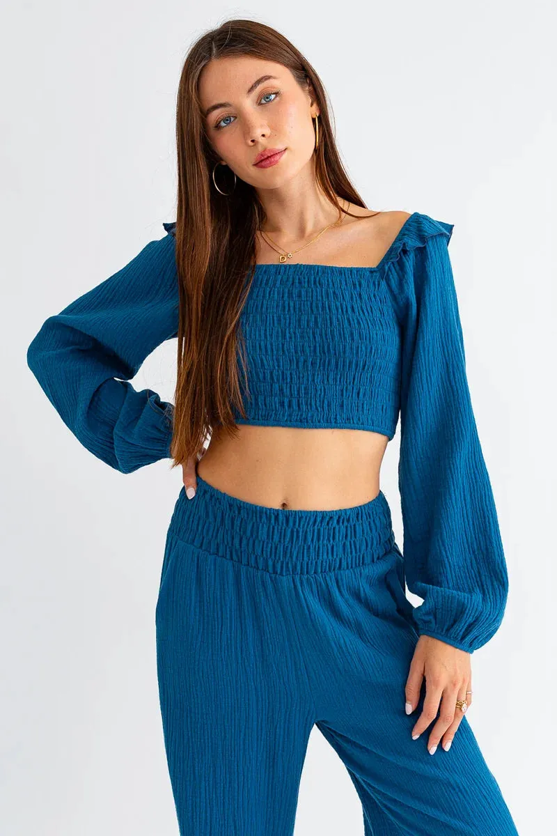 Cotton Smocked Long Sleeve Crop Top & Mid Waist Pants Set