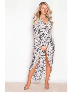 Dana Snake Print Wrap Flute Sleeve Dress