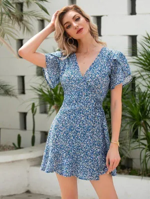 Ditsy Floral Petal Sleeve Tie Side Wrap Dress