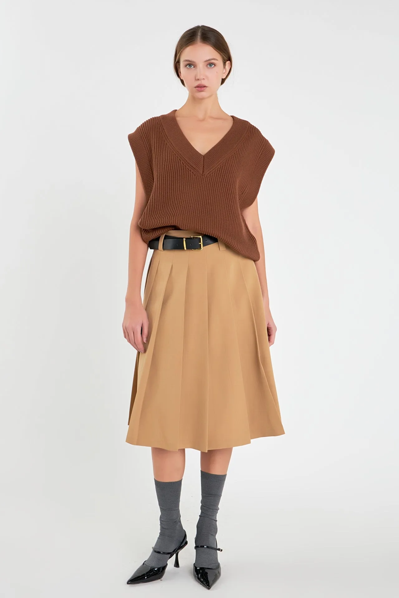 English Factory - Low Waist Pleated Midi Skirt in Tan