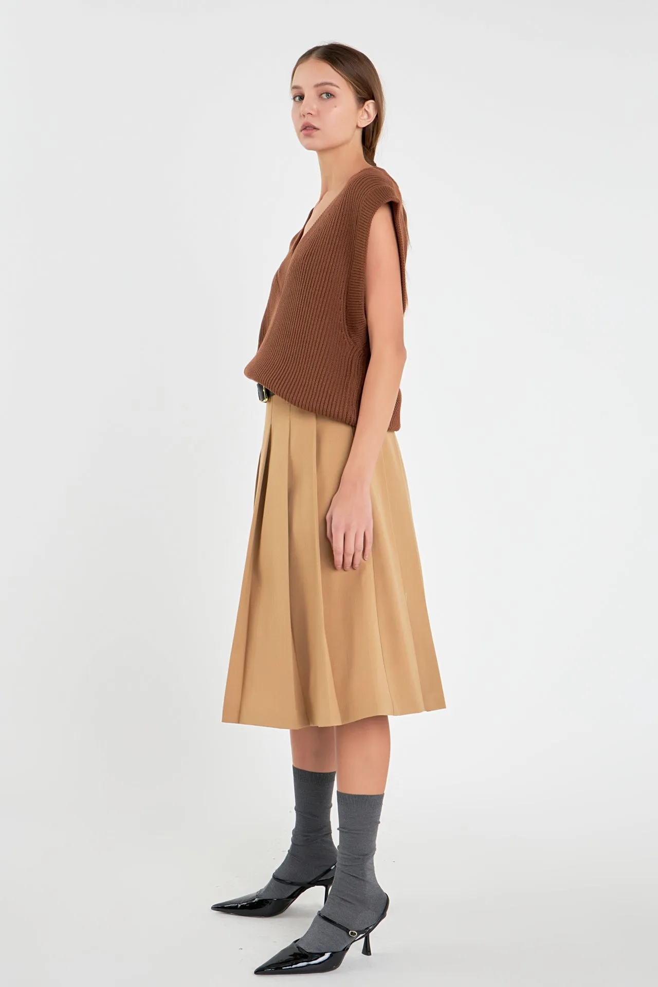 English Factory - Low Waist Pleated Midi Skirt in Tan