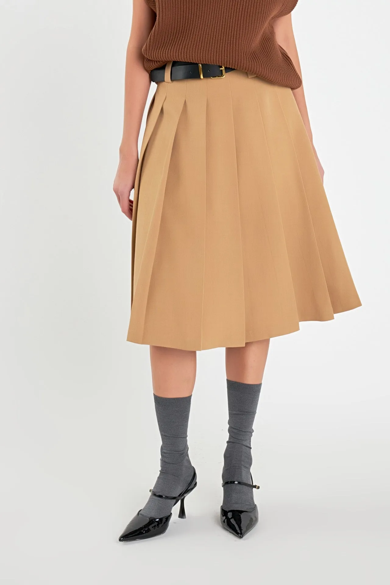 English Factory - Low Waist Pleated Midi Skirt in Tan