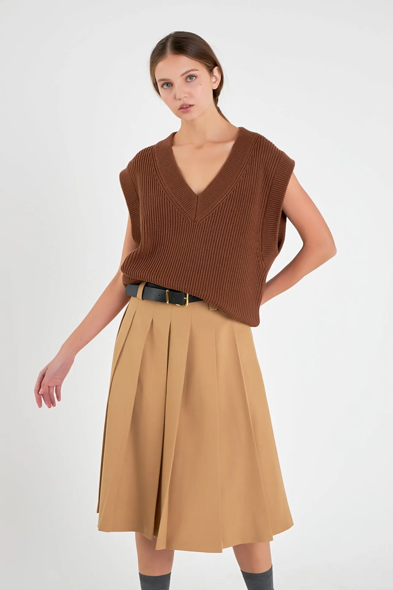English Factory - Low Waist Pleated Midi Skirt in Tan