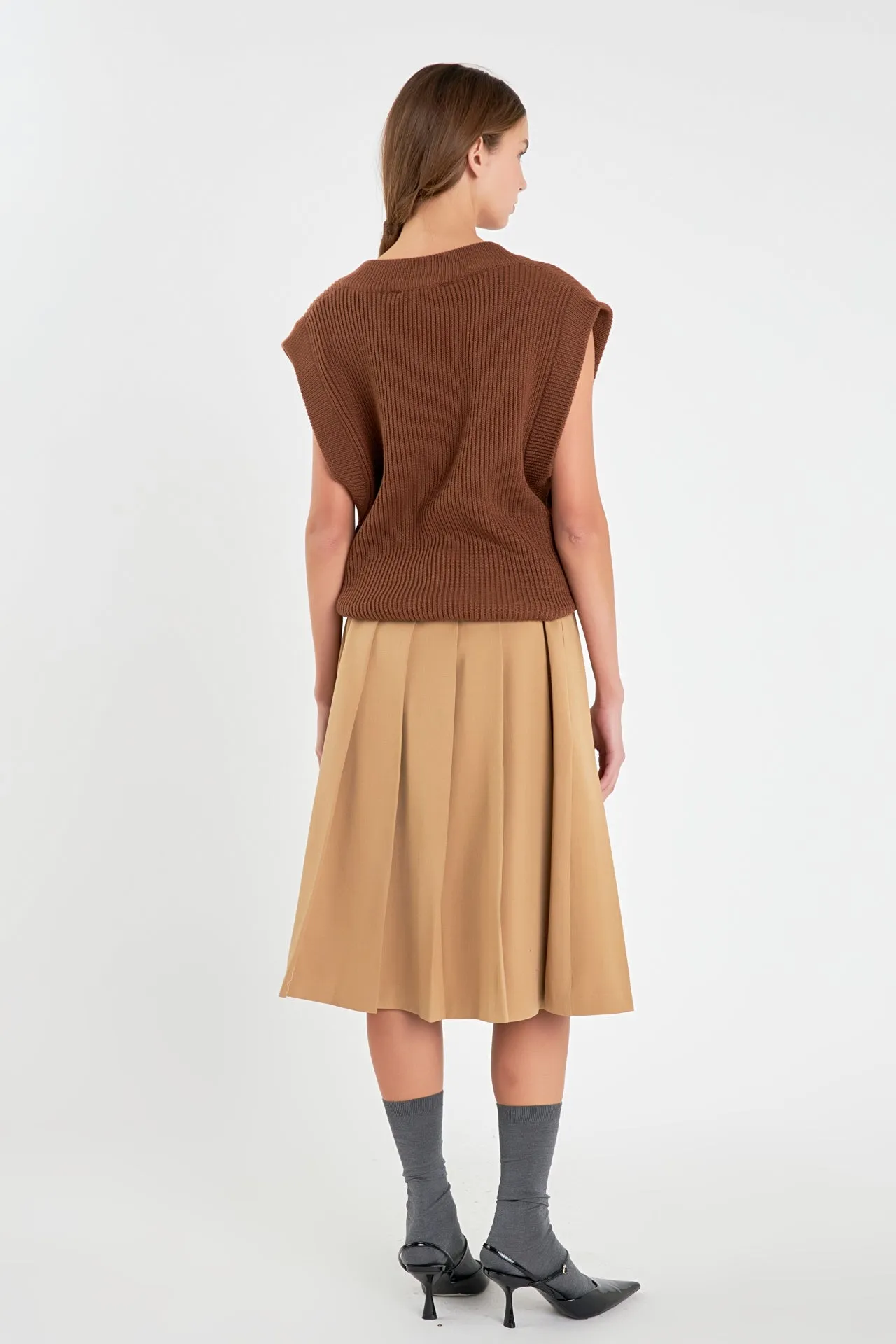 English Factory - Low Waist Pleated Midi Skirt in Tan