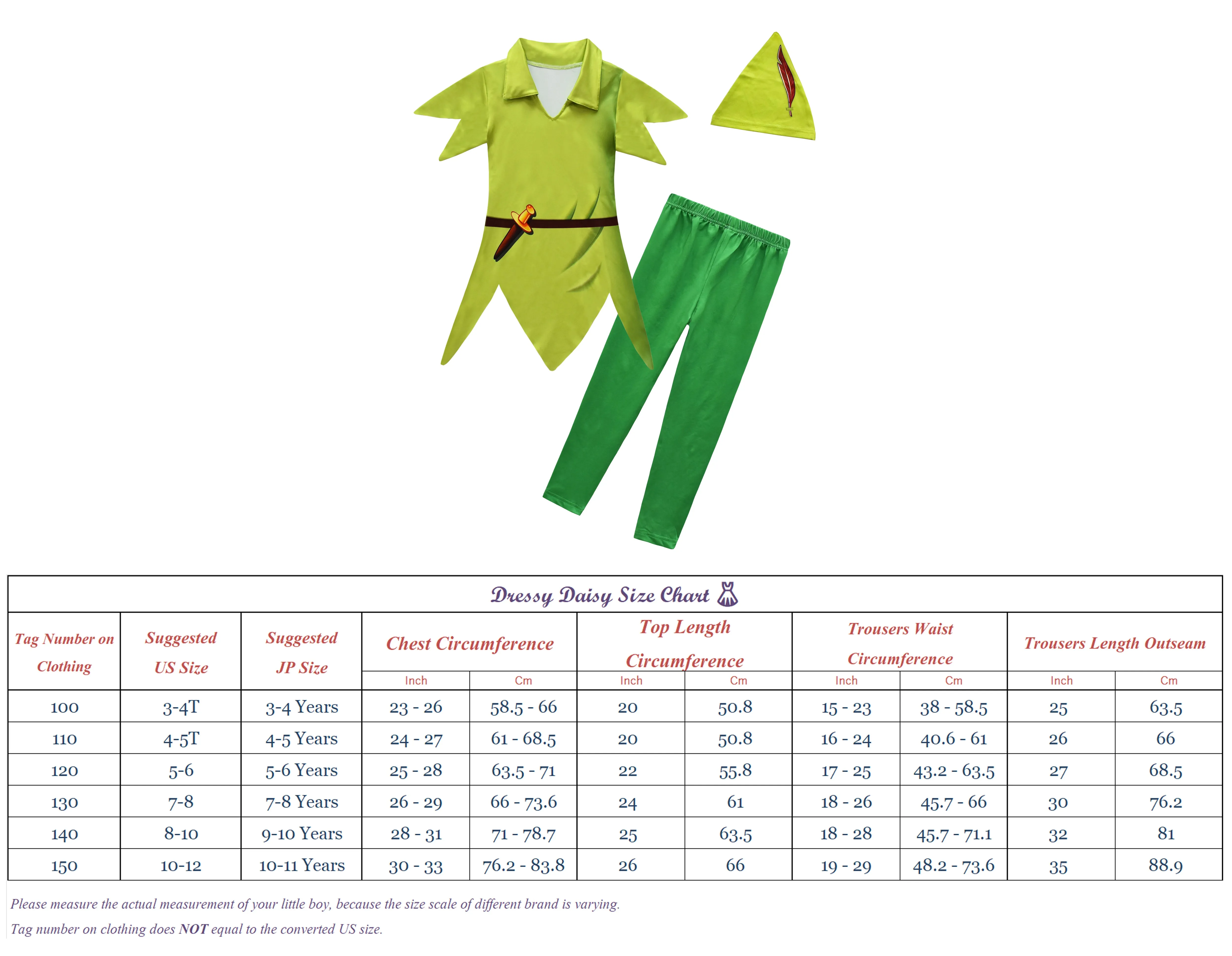 FC373 - Pete Pan Costumes Fancy Dress Up Clothing Set with Hat for Toddler and Little Boys