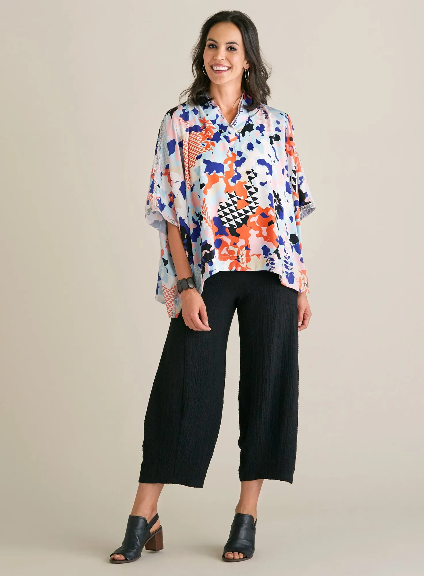 Geofloral Satin Kimono Top