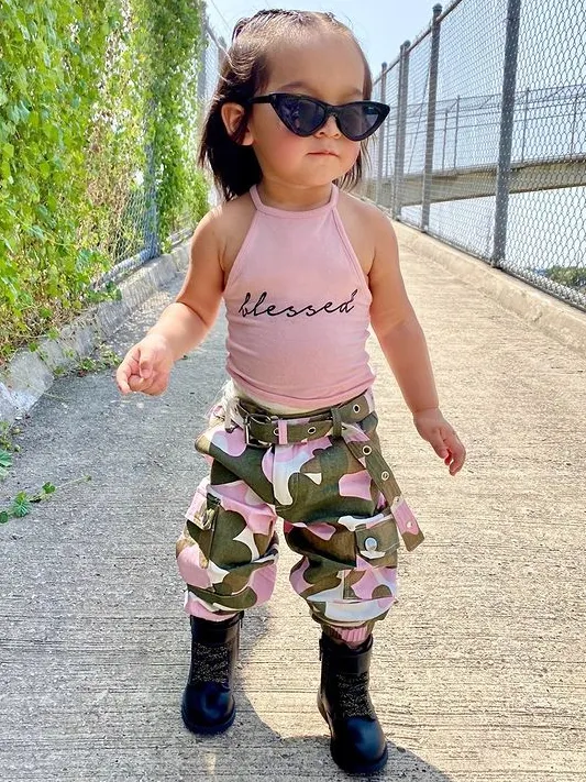 Girls "Blessed" Halter Top and Camo Pants Set