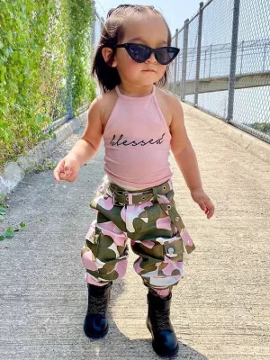 Girls "Blessed" Halter Top and Camo Pants Set