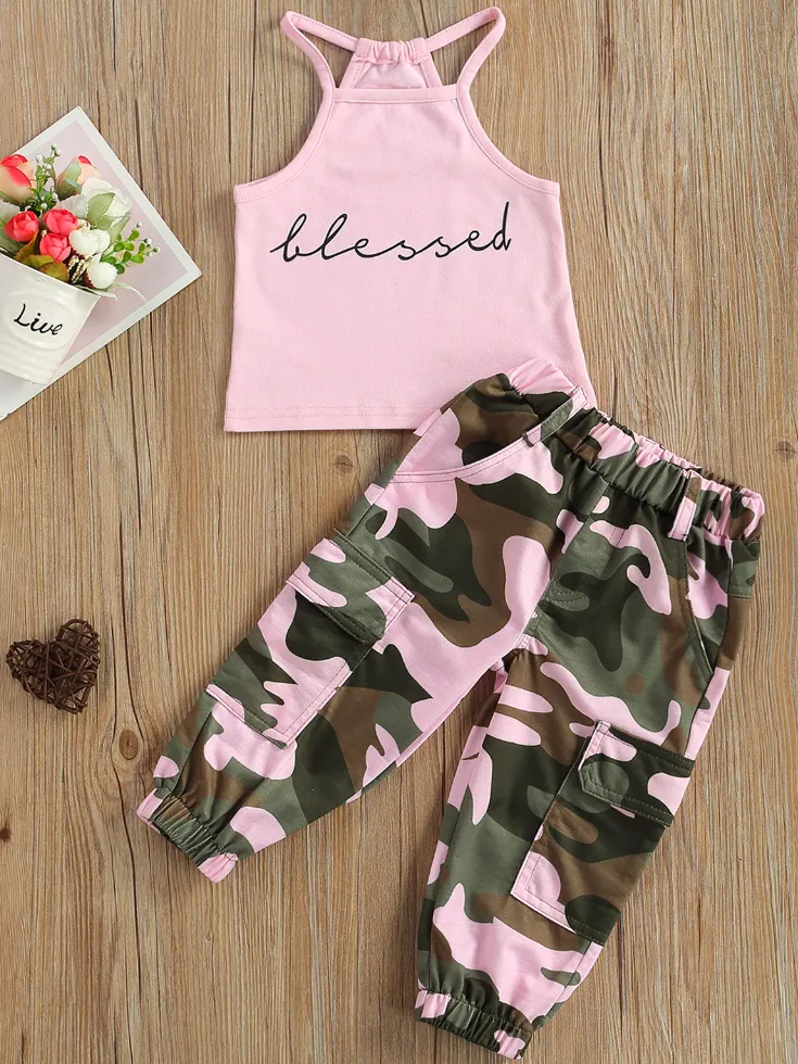 Girls "Blessed" Halter Top and Camo Pants Set