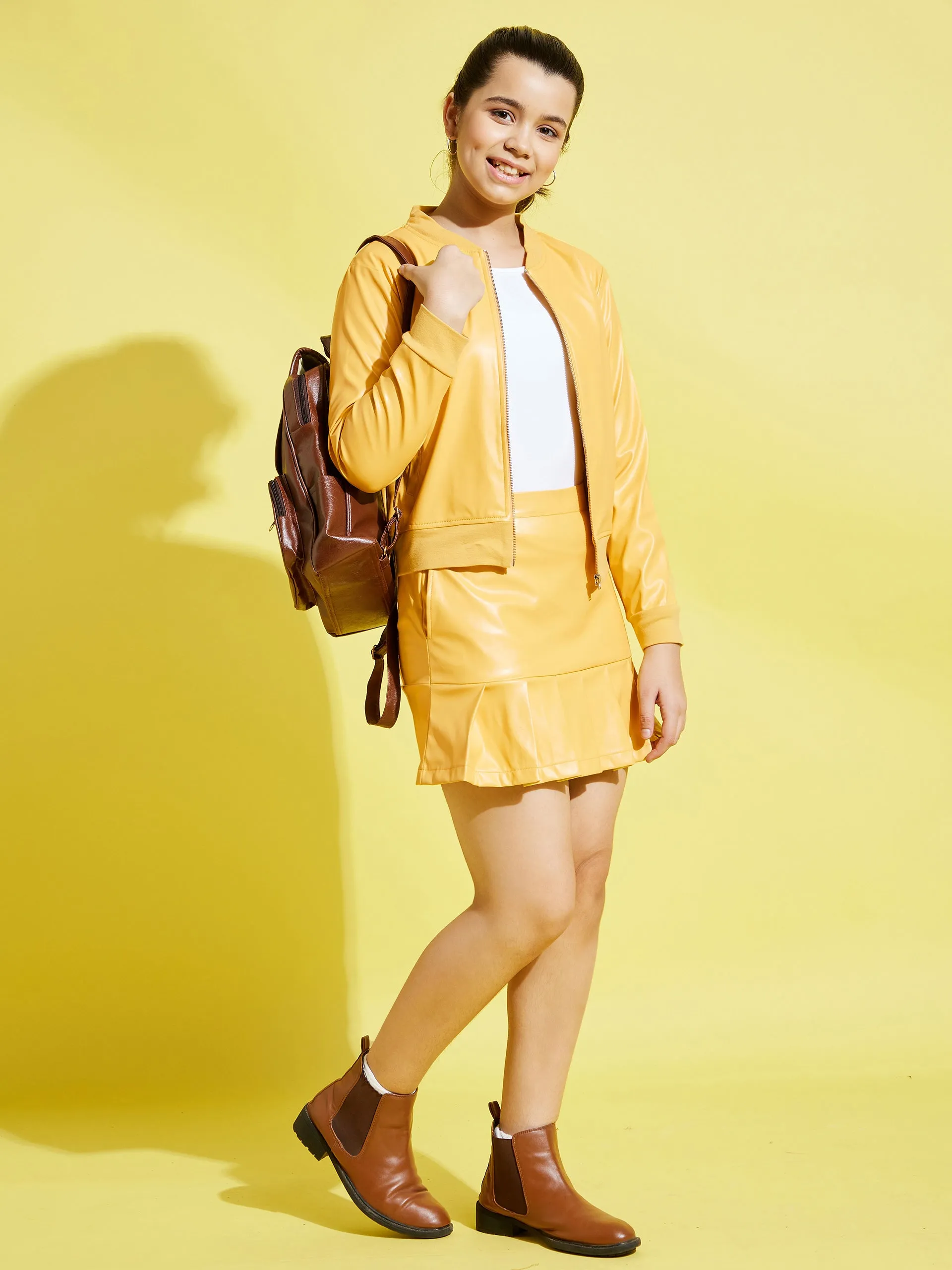 Girls Yellow Pu Pleated Skirt - Lyush Kids