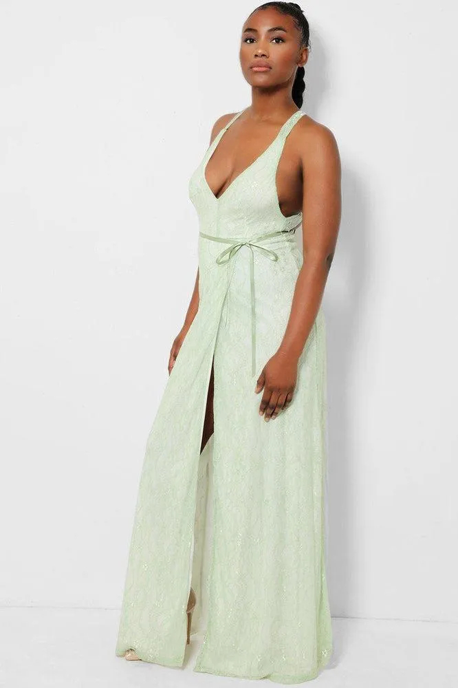 Green Delicate Lace Overlay Wrap Front Maxi Dress