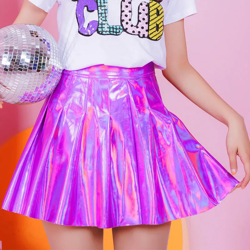 Harajuku Laser PU high waist pleated skirt KF20055