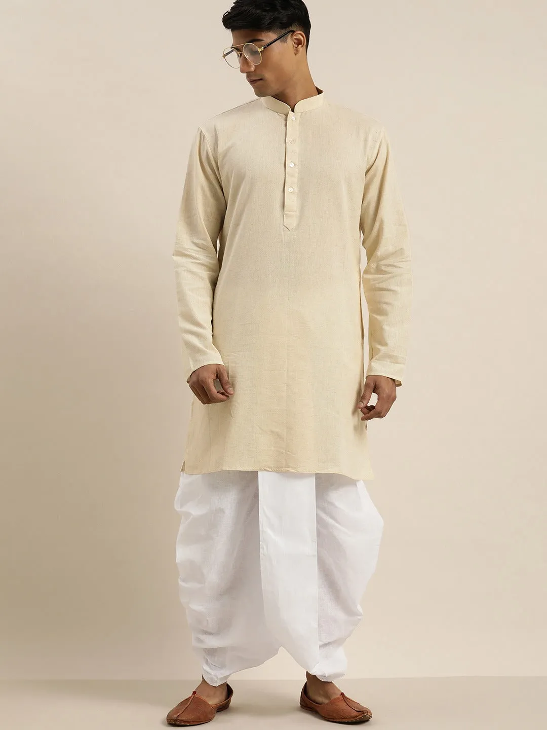 Jashvi Men's Beige Pure Cotton Kurta with Dhoti Pant Set