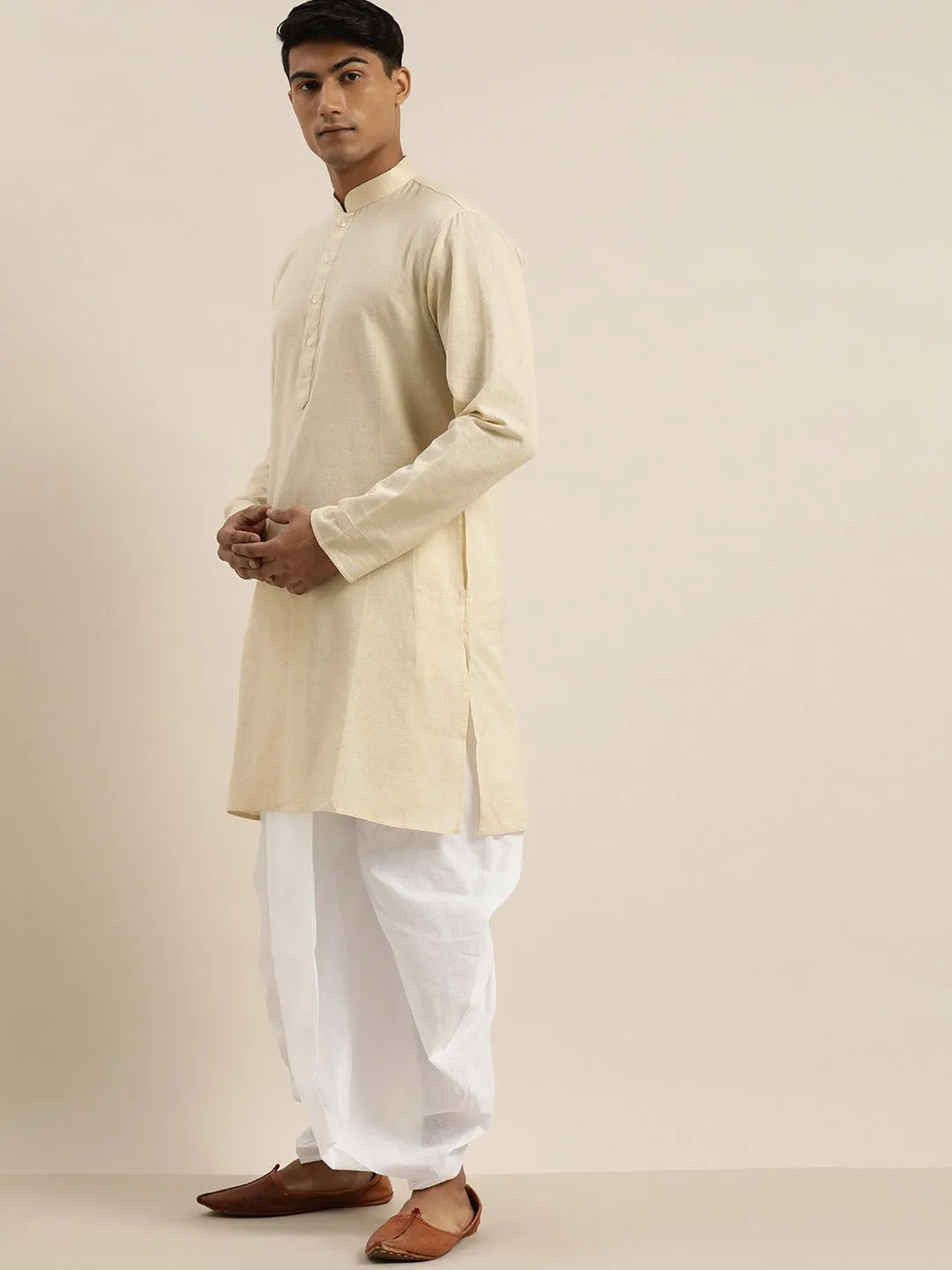 Jashvi Men's Beige Pure Cotton Kurta with Dhoti Pant Set