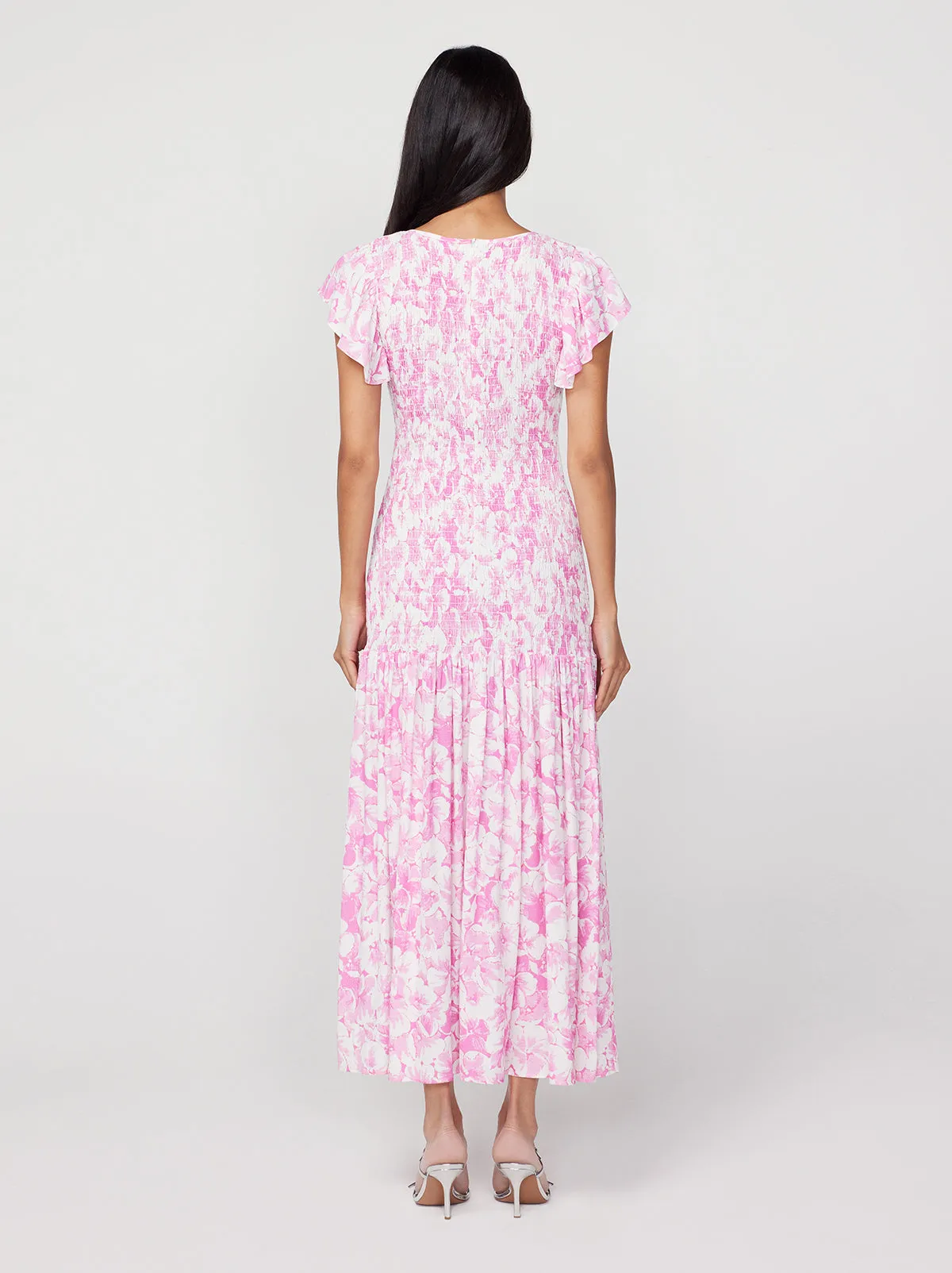 Jemima Pink Pansy Print Shirred Maxi Dress