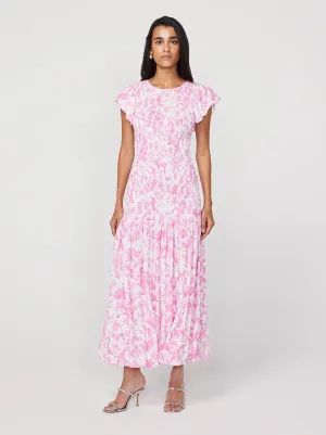 Jemima Pink Pansy Print Shirred Maxi Dress